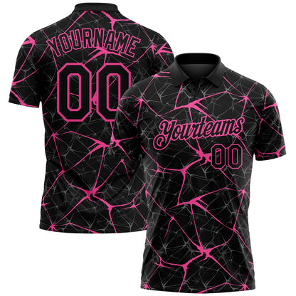 Custom Black-Pink 3D Pattern Abstract Network Crackle Performance Polo Shirt