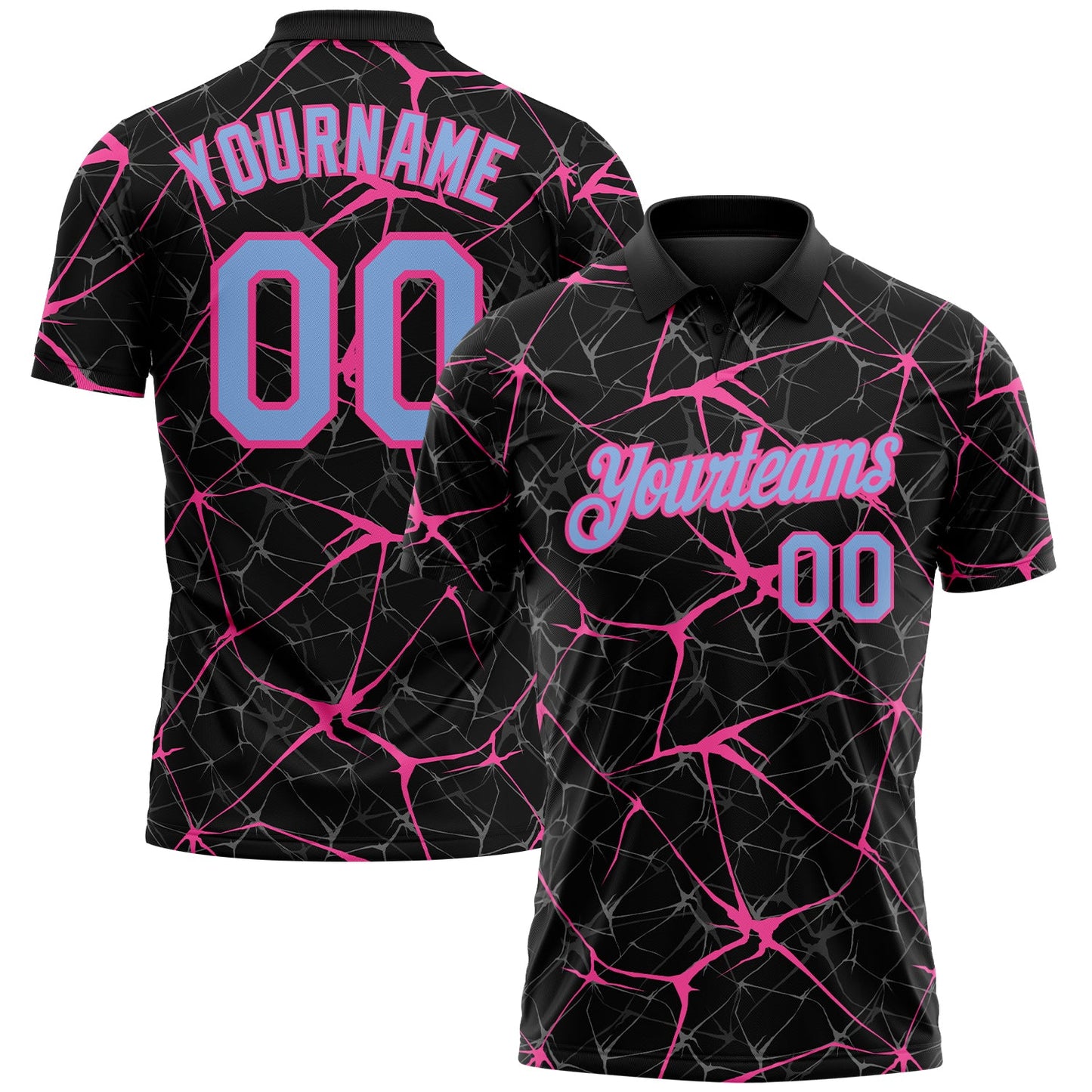 Custom Black Light Blue-Pink 3D Pattern Abstract Network Crackle Performance Polo Shirt