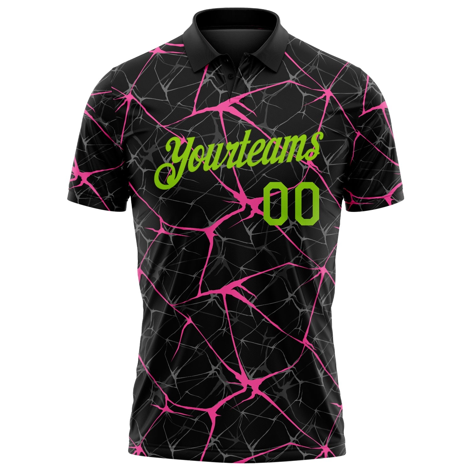 Custom Black Neon Green-Pink 3D Pattern Abstract Network Crackle Performance Polo Shirt