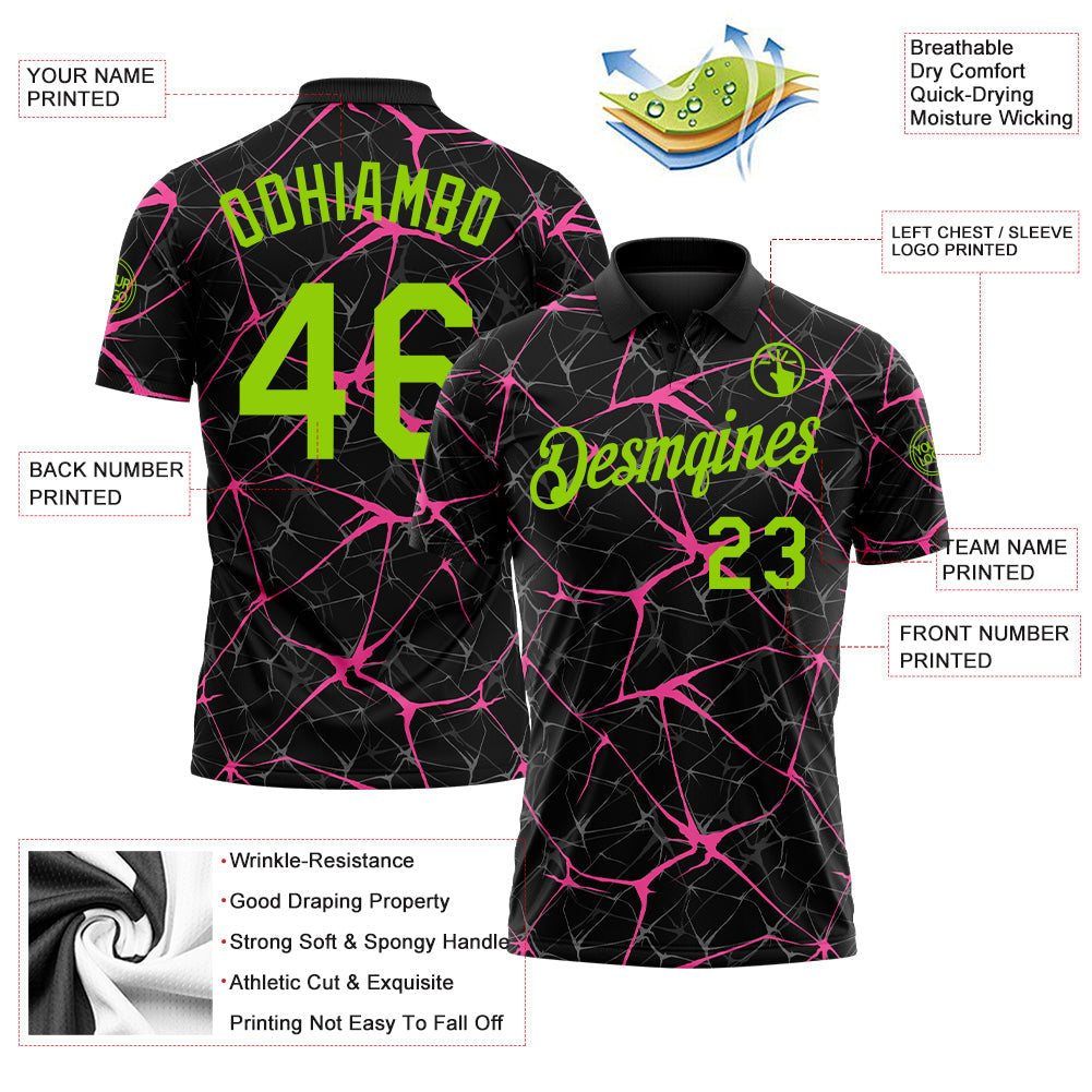 Custom Black Neon Green-Pink 3D Pattern Abstract Network Crackle Performance Polo Shirt
