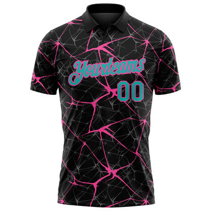 Custom Black Aqua-Pink 3D Pattern Abstract Network Crackle Performance Polo Shirt