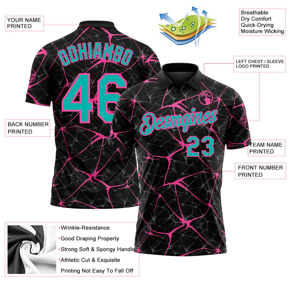 Custom Black Aqua-Pink 3D Pattern Abstract Network Crackle Performance Polo Shirt