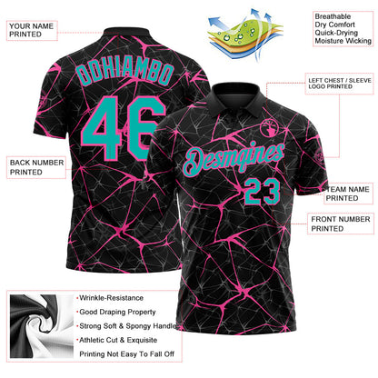 Custom Black Aqua-Pink 3D Pattern Abstract Network Crackle Performance Polo Shirt