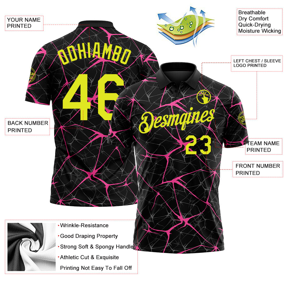 Custom Black Neon Yellow-Pink 3D Pattern Abstract Network Crackle Performance Polo Shirt