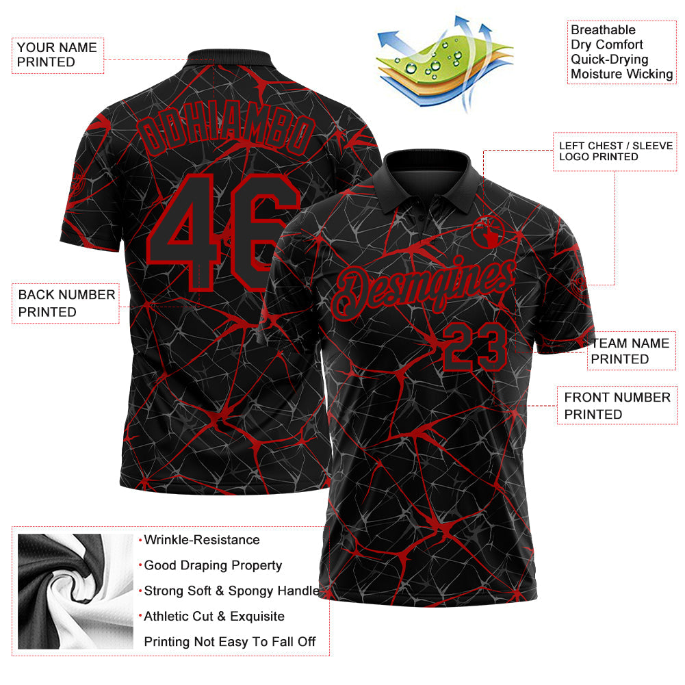 Custom Black-Red 3D Pattern Abstract Network Crackle Performance Polo Shirt