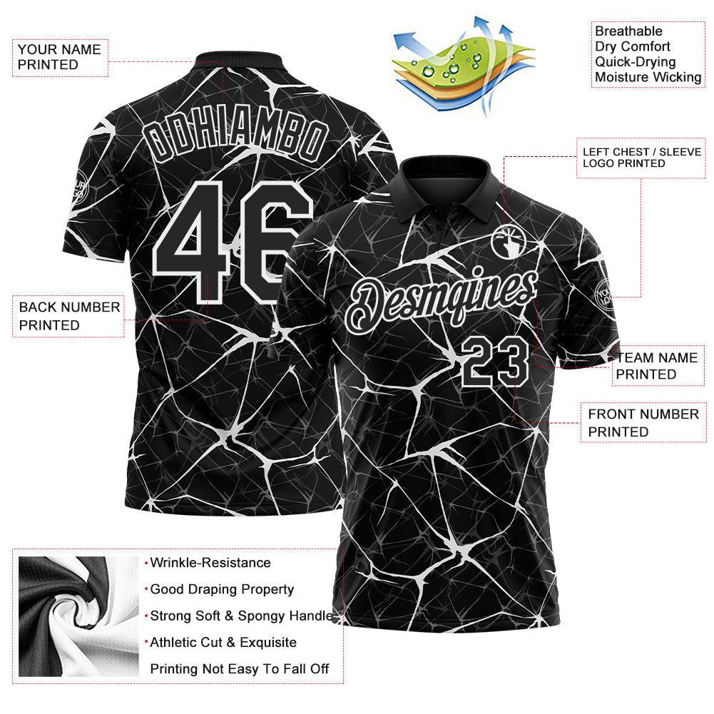 Custom Black-White 3D Pattern Abstract Network Crackle Performance Polo Shirt