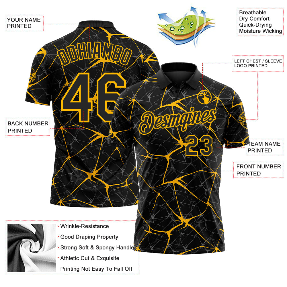 Custom Black-Gold 3D Pattern Abstract Network Crackle Performance Polo Shirt