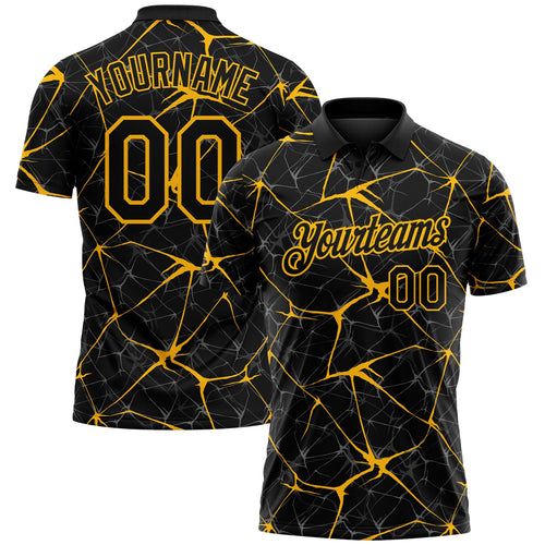 Custom Black-Gold 3D Pattern Abstract Network Crackle Performance Polo Shirt