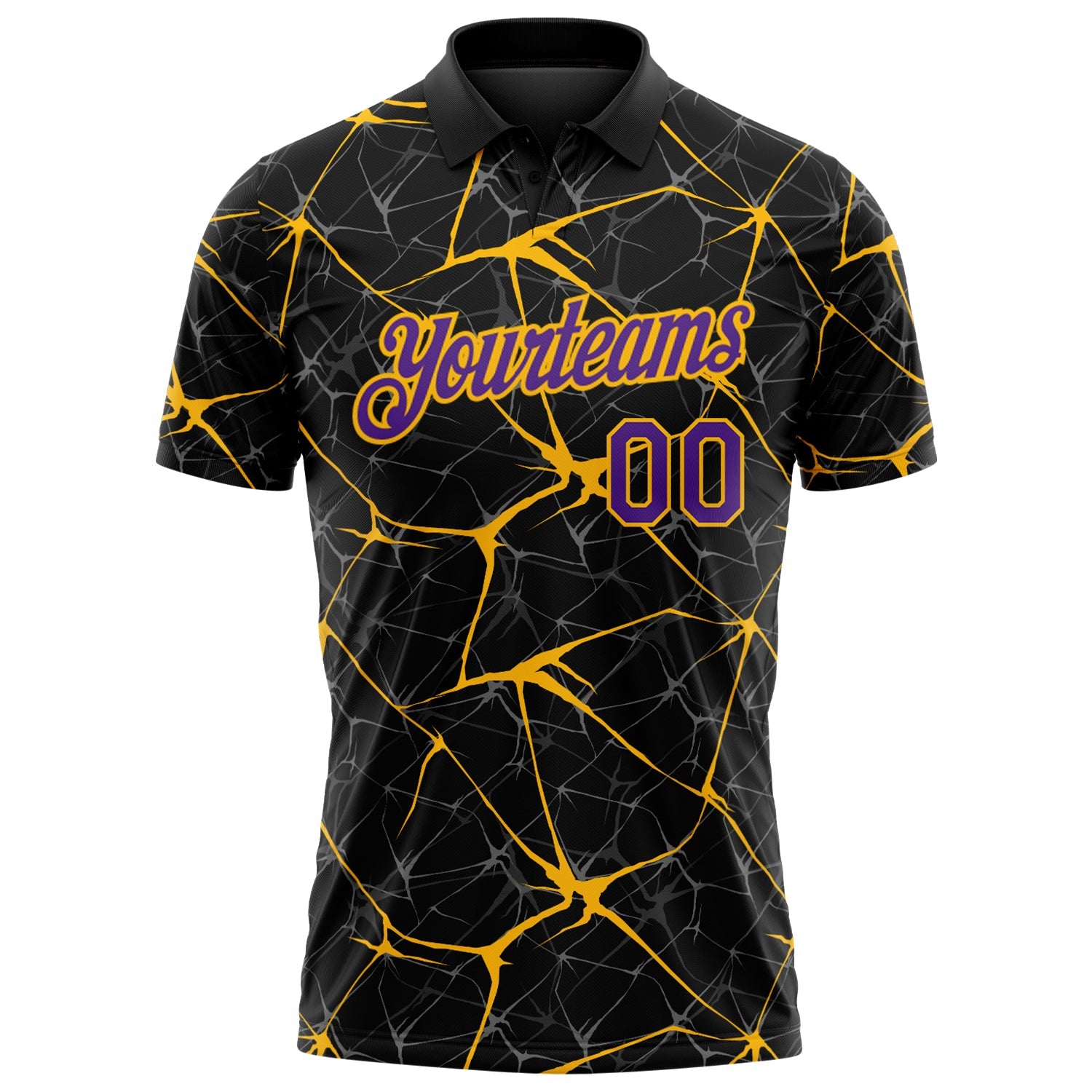 Custom Black Purple-Gold 3D Pattern Abstract Network Crackle Performance Polo Shirt