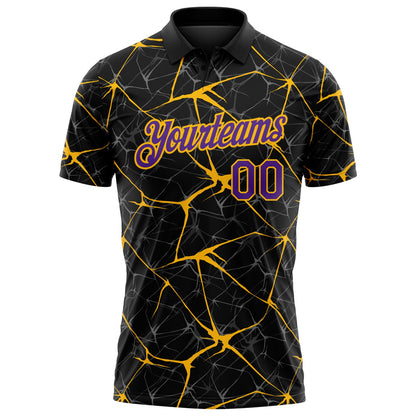 Custom Black Purple-Gold 3D Pattern Abstract Network Crackle Performance Polo Shirt
