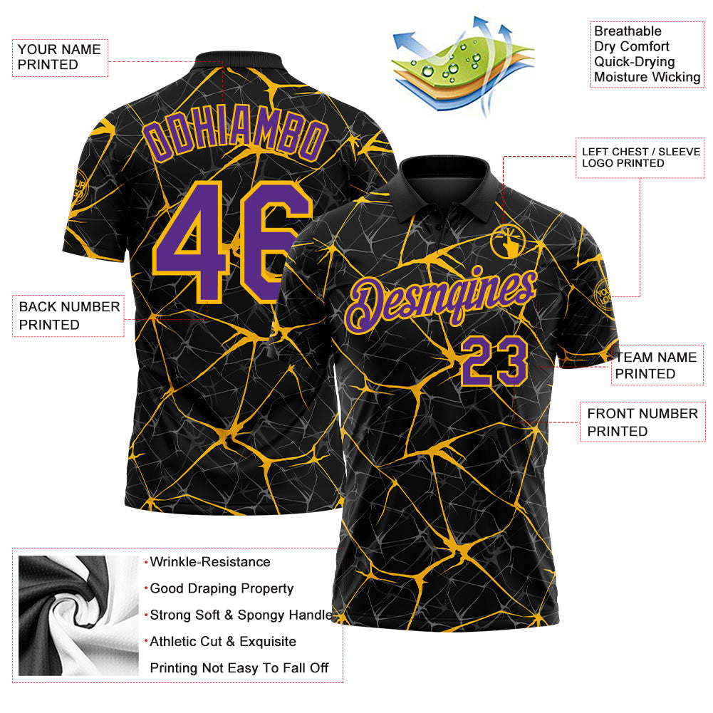 Custom Black Purple-Gold 3D Pattern Abstract Network Crackle Performance Polo Shirt