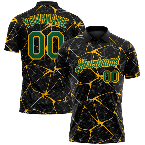 Custom Black Kelly Green-Gold 3D Pattern Abstract Network Crackle Performance Polo Shirt