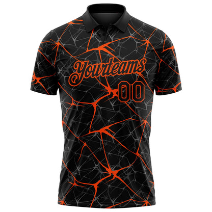 Custom Black-Orange 3D Pattern Abstract Network Crackle Performance Polo Shirt