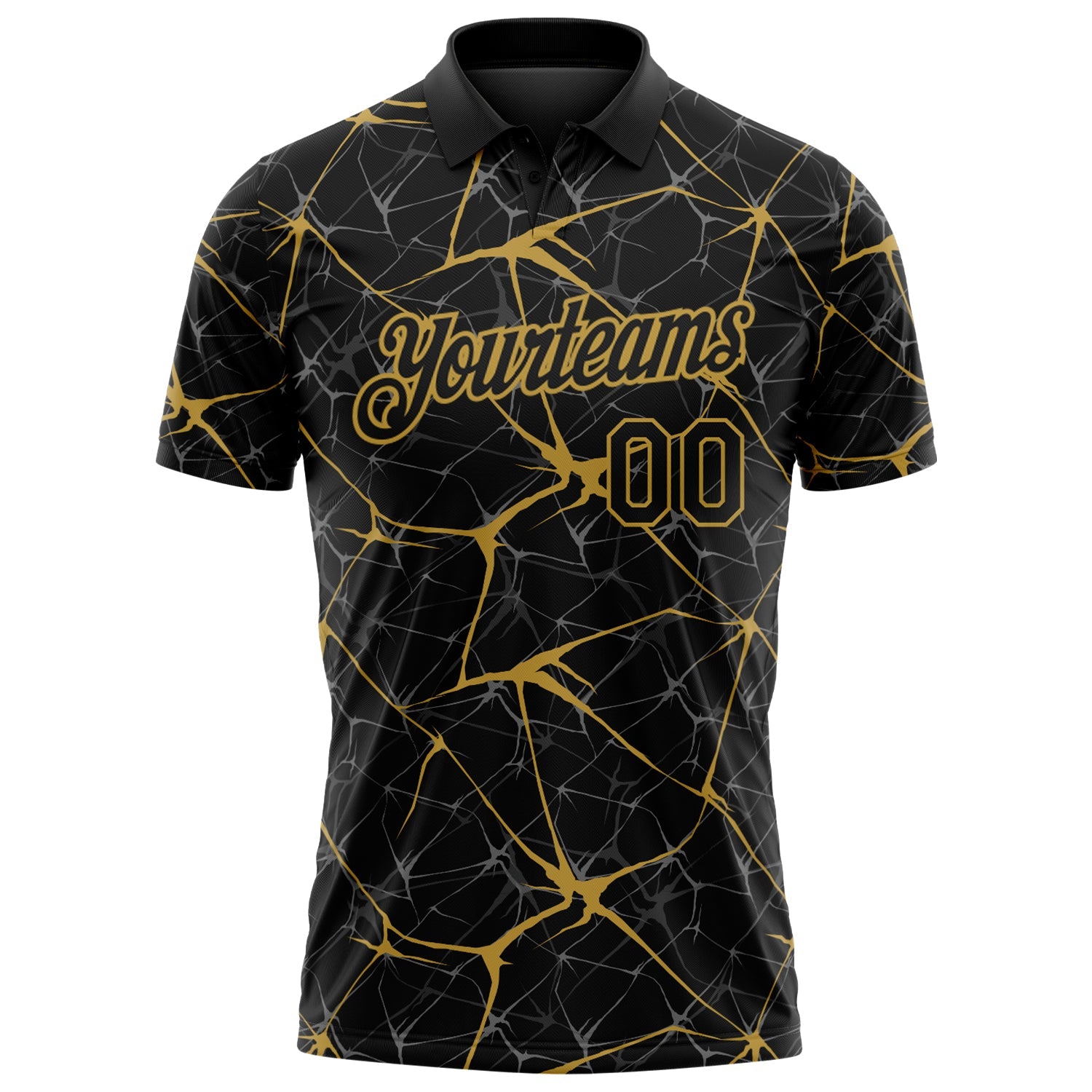 Custom Black-Old Gold 3D Pattern Abstract Network Crackle Performance Polo Shirt