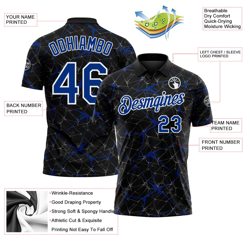 Custom Black Royal-White 3D Pattern Abstract Network Crackle Performance Polo Shirt