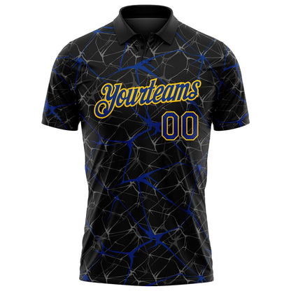 Custom Black Royal-Yellow 3D Pattern Abstract Network Crackle Performance Polo Shirt