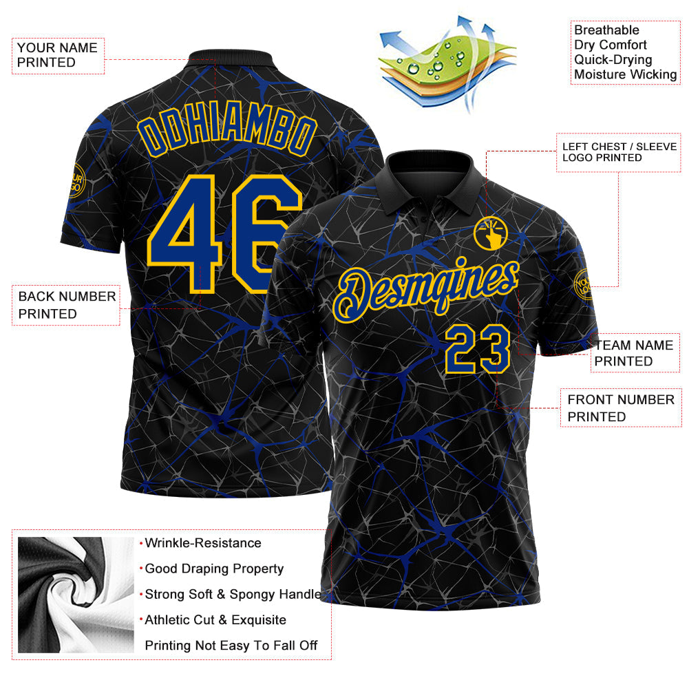Custom Black Royal-Yellow 3D Pattern Abstract Network Crackle Performance Polo Shirt