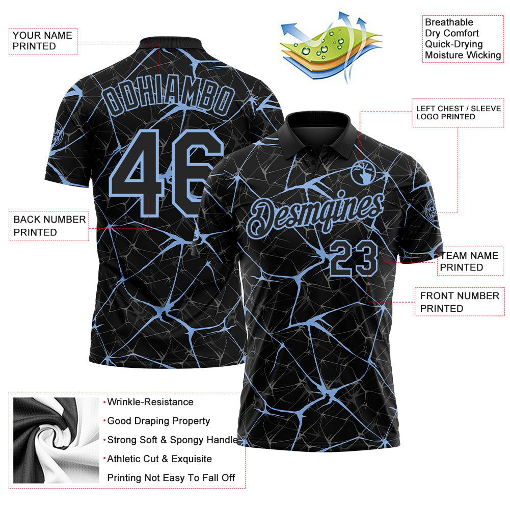 Custom Black-Light Blue 3D Pattern Abstract Network Crackle Performance Polo Shirt