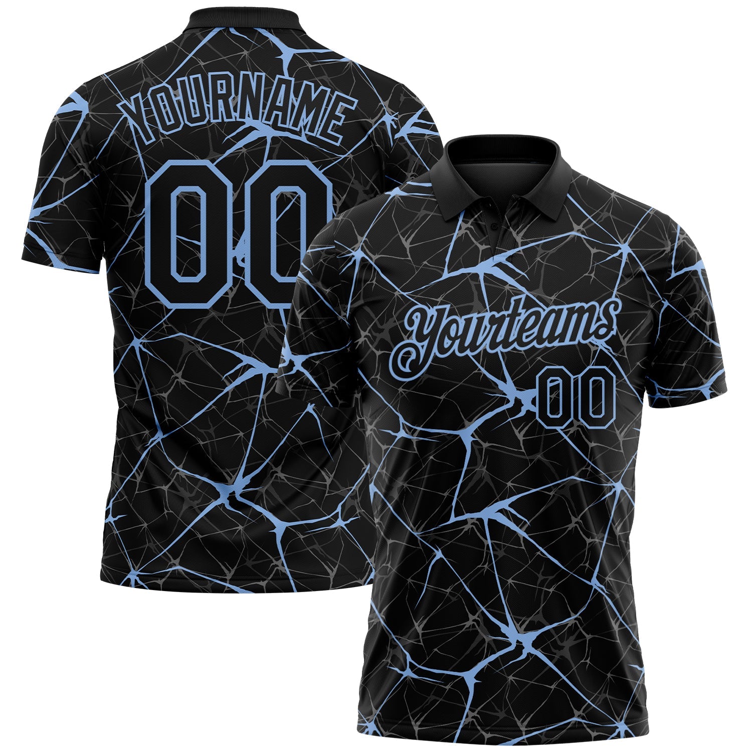 Custom Black-Light Blue 3D Pattern Abstract Network Crackle Performance Polo Shirt