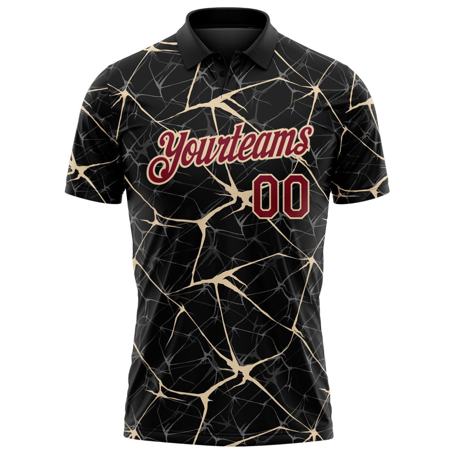 Custom Black Crimson-City Cream 3D Pattern Abstract Network Crackle Performance Polo Shirt