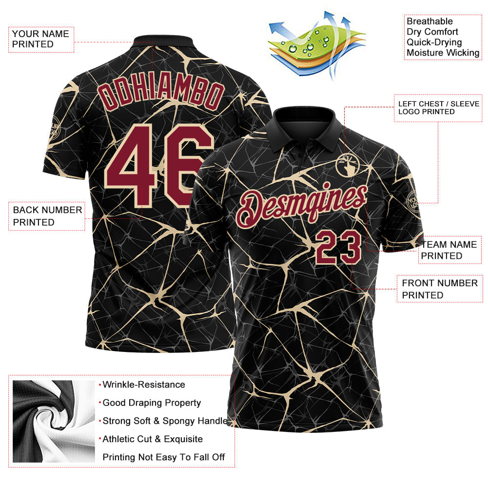 Custom Black Crimson-City Cream 3D Pattern Abstract Network Crackle Performance Polo Shirt