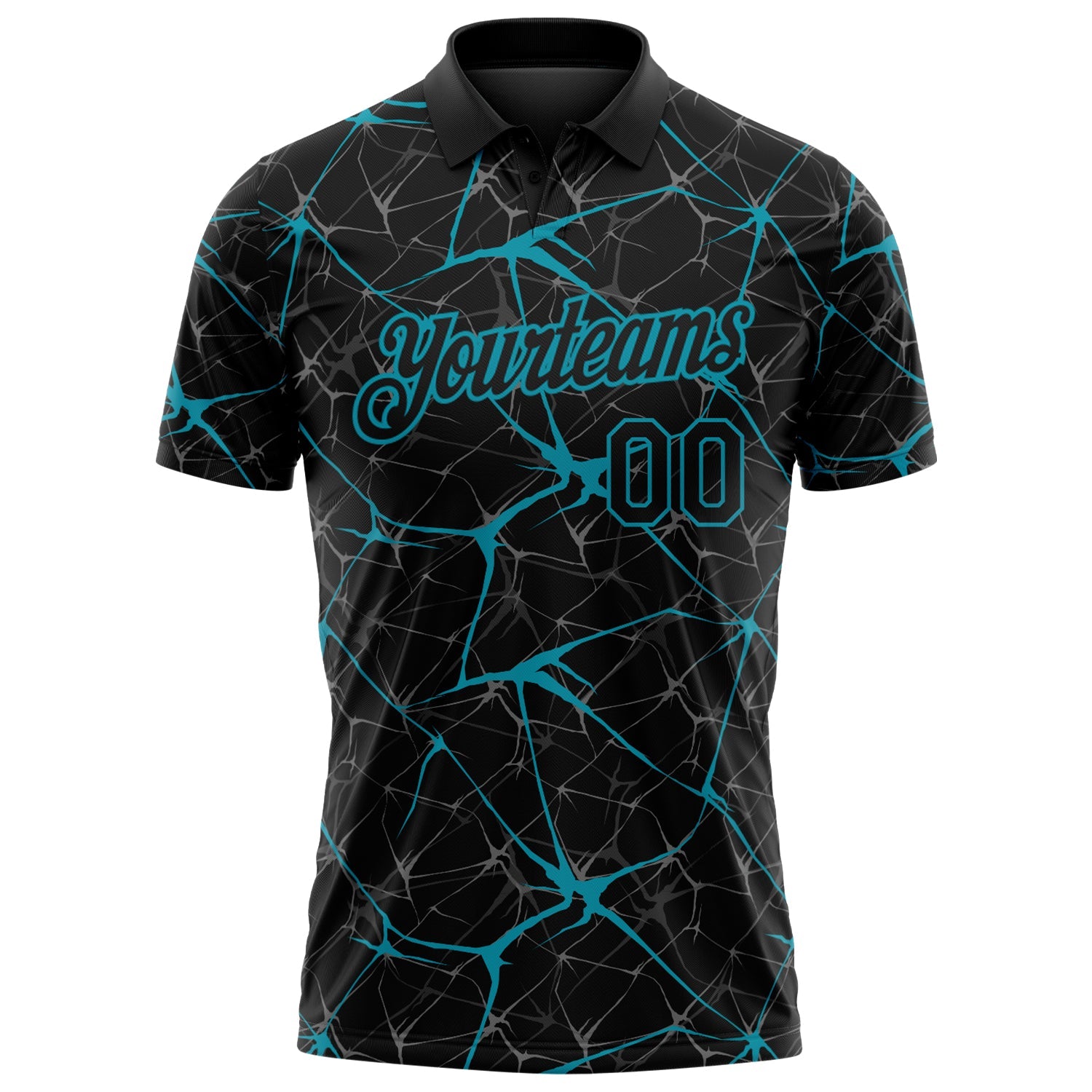 Custom Black-Teal 3D Pattern Abstract Network Crackle Performance Polo Shirt