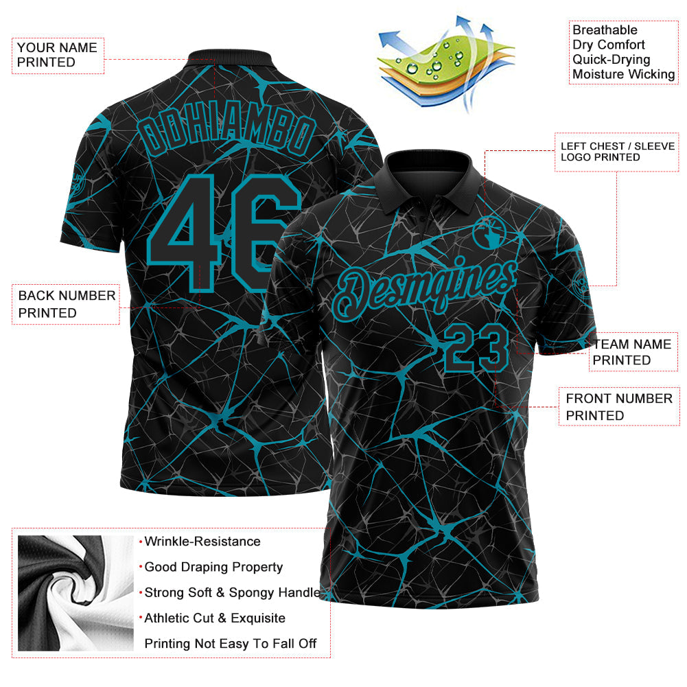 Custom Black-Teal 3D Pattern Abstract Network Crackle Performance Polo Shirt