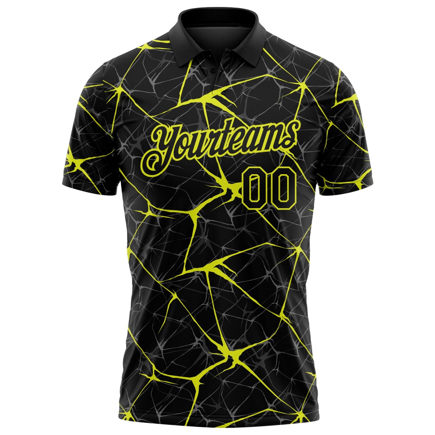 Custom Black-Neon Yellow 3D Pattern Abstract Network Crackle Performance Polo Shirt