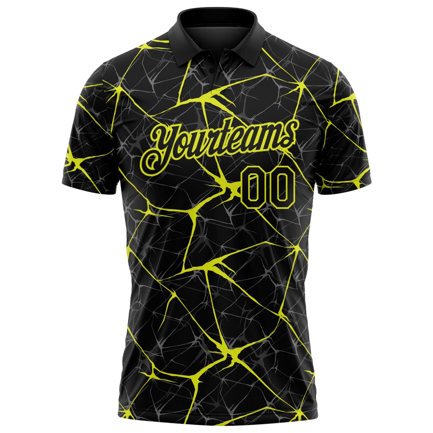 Custom Black-Neon Yellow 3D Pattern Abstract Network Crackle Performance Polo Shirt