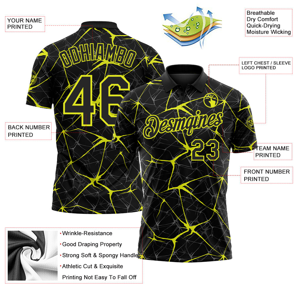 Custom Black-Neon Yellow 3D Pattern Abstract Network Crackle Performance Polo Shirt