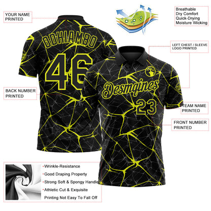 Custom Black-Neon Yellow 3D Pattern Abstract Network Crackle Performance Polo Shirt