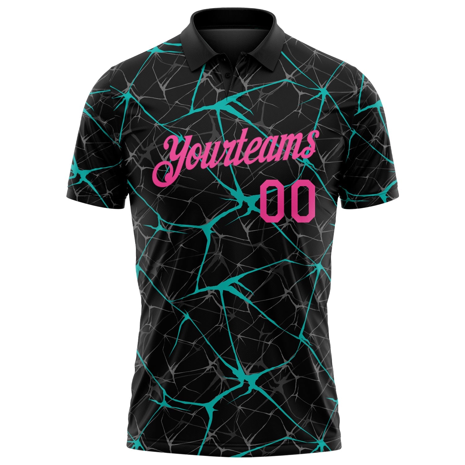Custom Black Pink-Aqua 3D Pattern Abstract Network Crackle Performance Polo Shirt