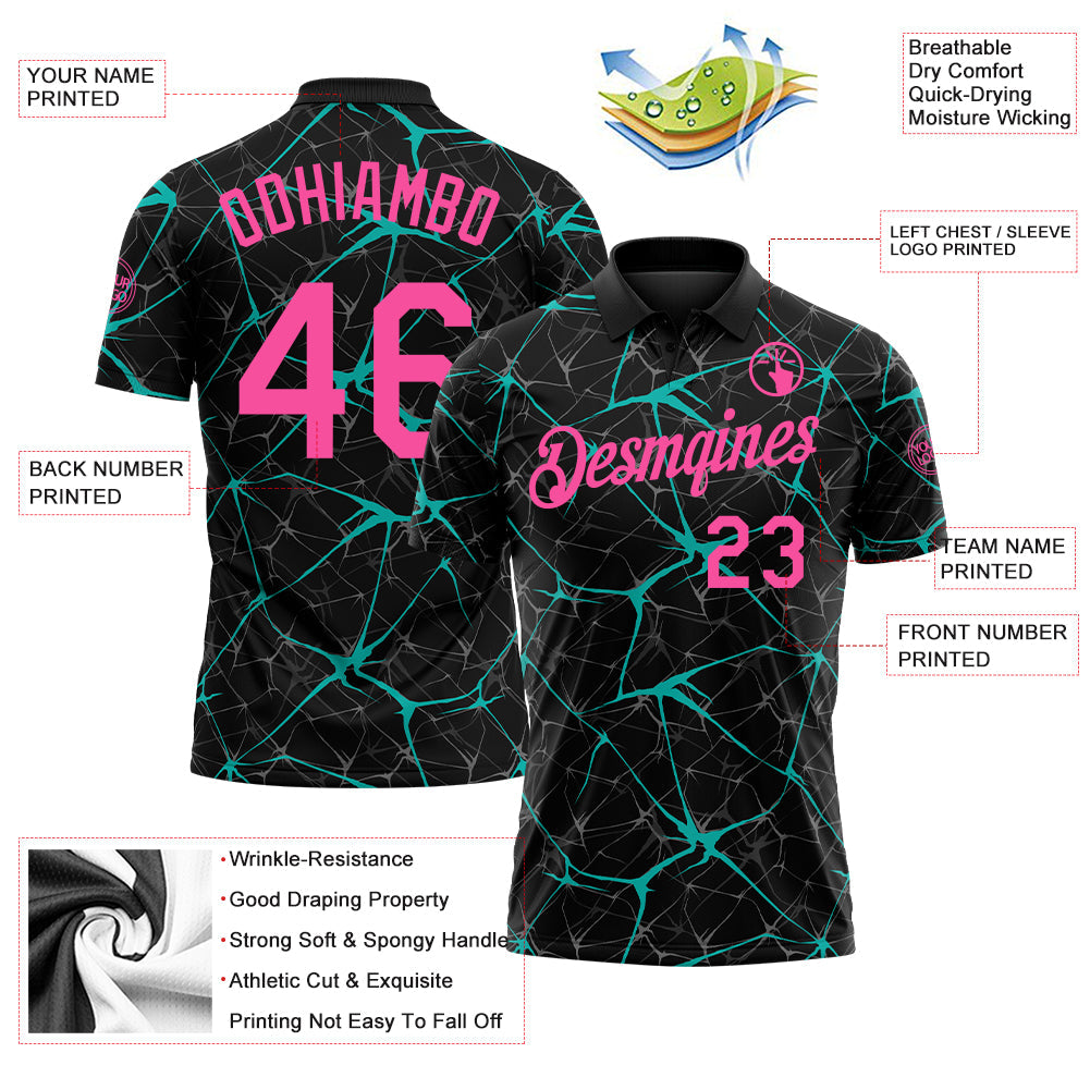 Custom Black Pink-Aqua 3D Pattern Abstract Network Crackle Performance Polo Shirt