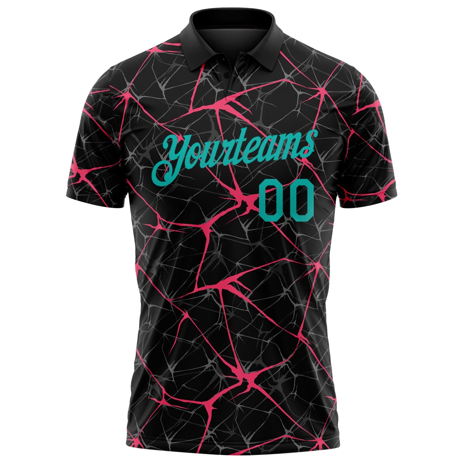Custom Black Aqua-Neon Pink 3D Pattern Abstract Network Crackle Performance Polo Shirt