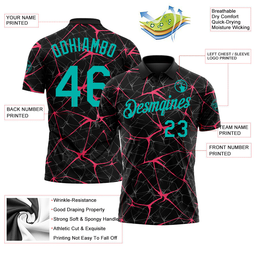 Custom Black Aqua-Neon Pink 3D Pattern Abstract Network Crackle Performance Polo Shirt