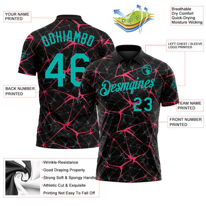 Custom Black Aqua-Neon Pink 3D Pattern Abstract Network Crackle Performance Polo Shirt