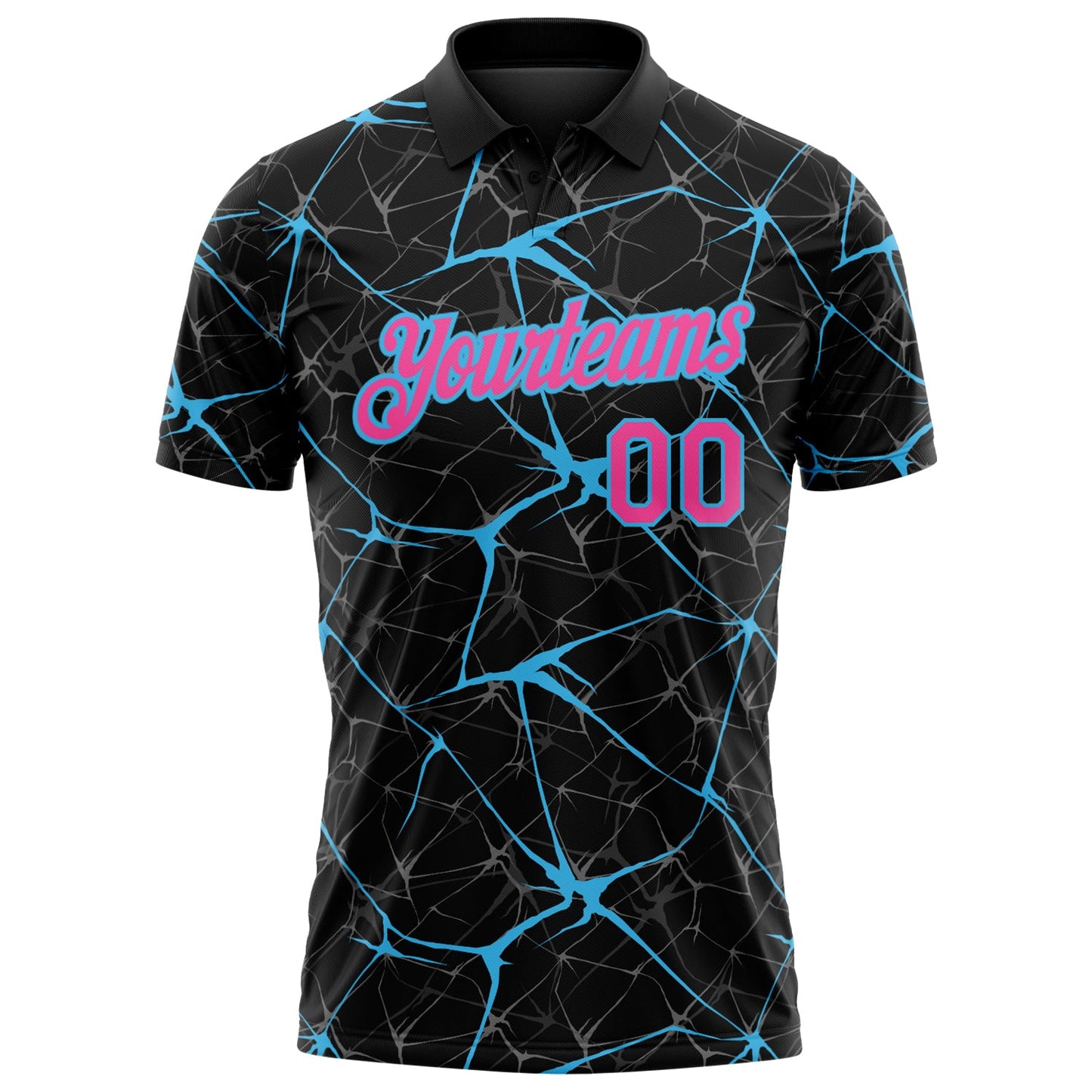 Custom Black Pink-Sky Blue 3D Pattern Abstract Network Crackle Performance Polo Shirt