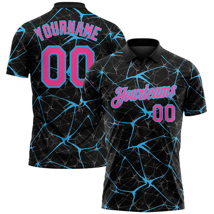 Custom Black Pink-Sky Blue 3D Pattern Abstract Network Crackle Performance Polo Shirt