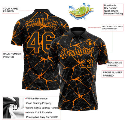 Custom Black-Bay Orange 3D Pattern Abstract Network Crackle Performance Polo Shirt