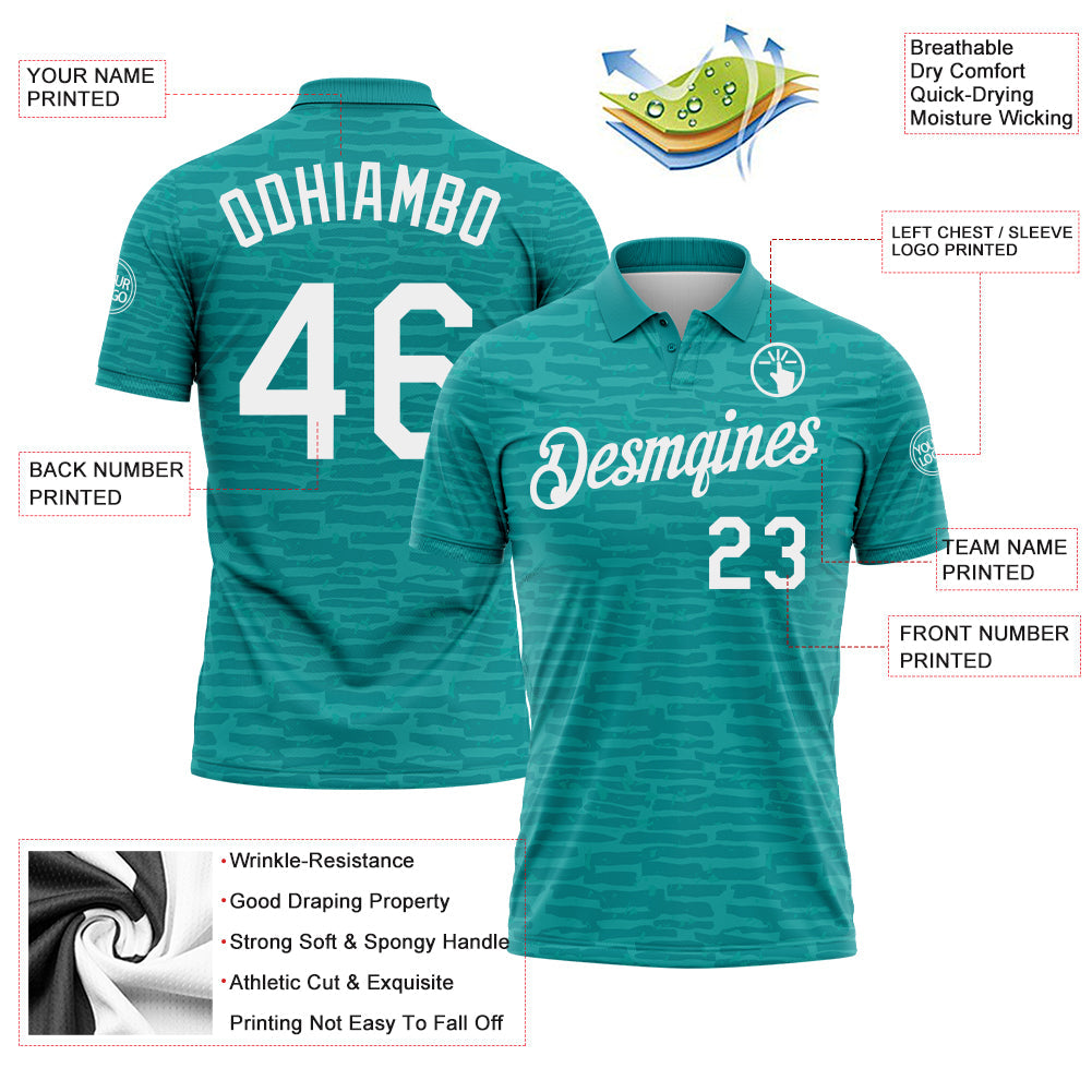 Custom Teal-White Distressed Fragment Brush Stroke Performance Polo Shirt