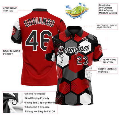 Custom Red Black Gray-White Modern Geometric Tech Hexagon Grid Performance Polo Shirt