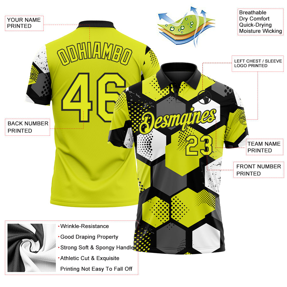 Custom Neon Yellow Black Gray-White Modern Geometric Tech Hexagon Grid Performance Polo Shirt