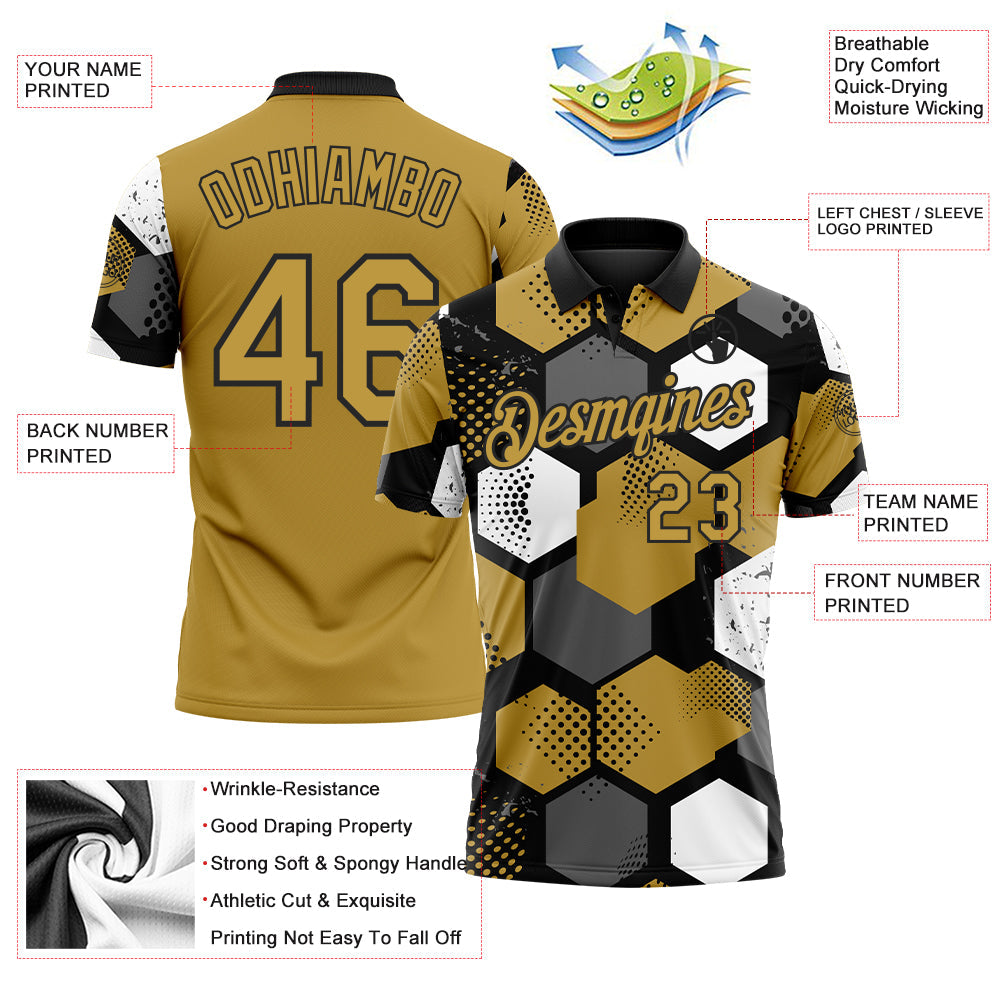 Custom Old Gold Black Gray-White Modern Geometric Tech Hexagon Grid Performance Polo Shirt
