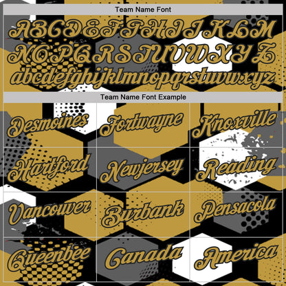 Custom Old Gold Black Gray-White Modern Geometric Tech Hexagon Grid Performance Polo Shirt