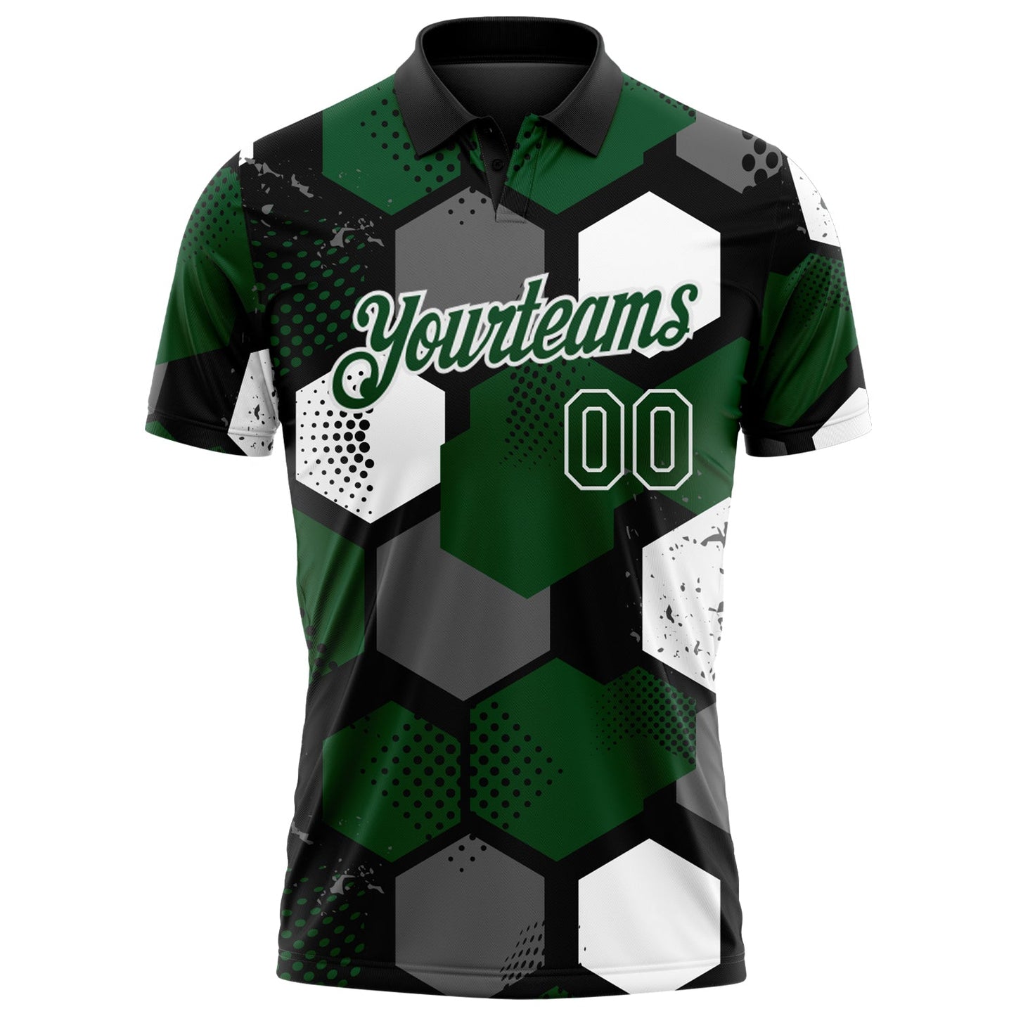 Custom Green Black Gray-White Modern Geometric Tech Hexagon Grid Performance Polo Shirt