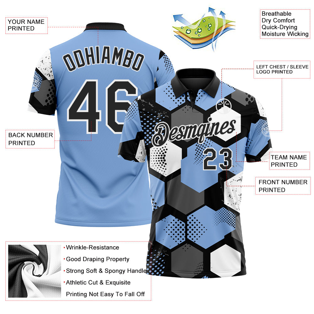 Custom Light Blue Black Gray-White Modern Geometric Tech Hexagon Grid Performance Polo Shirt