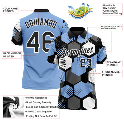 Custom Light Blue Black Gray-White Modern Geometric Tech Hexagon Grid Performance Polo Shirt