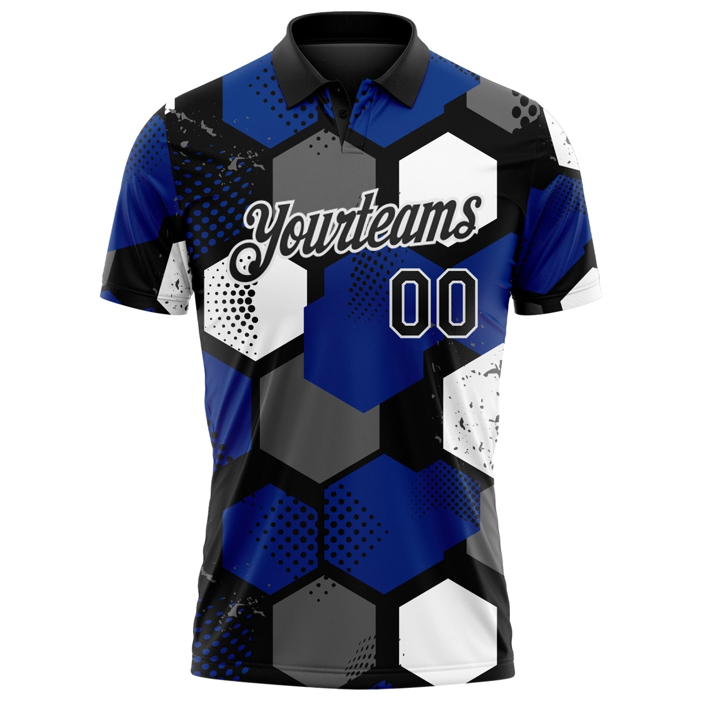 Custom Royal Black Gray-White Modern Geometric Tech Hexagon Grid Performance Polo Shirt
