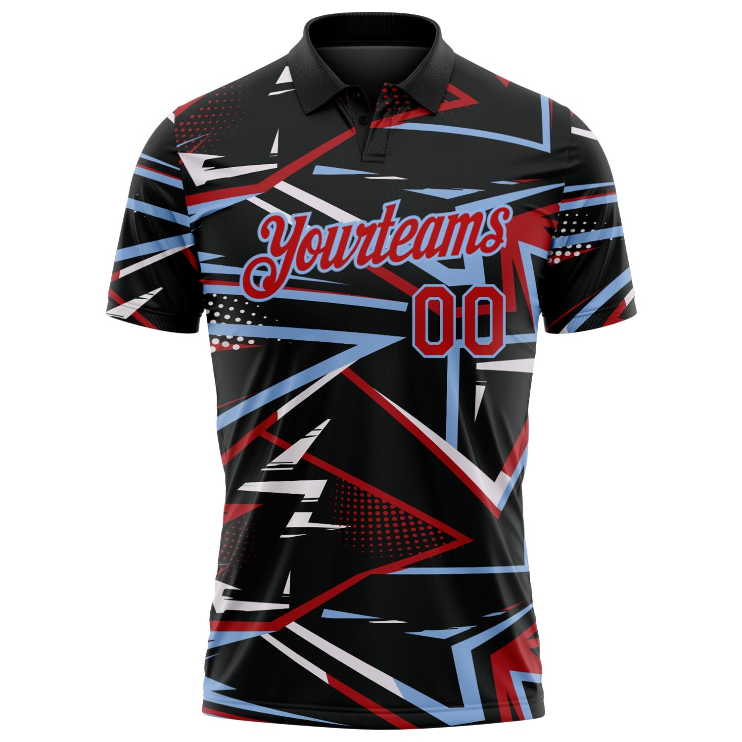 Custom Black Red-Light Blue Dynamic Geometric Shard Performance Polo Shirt