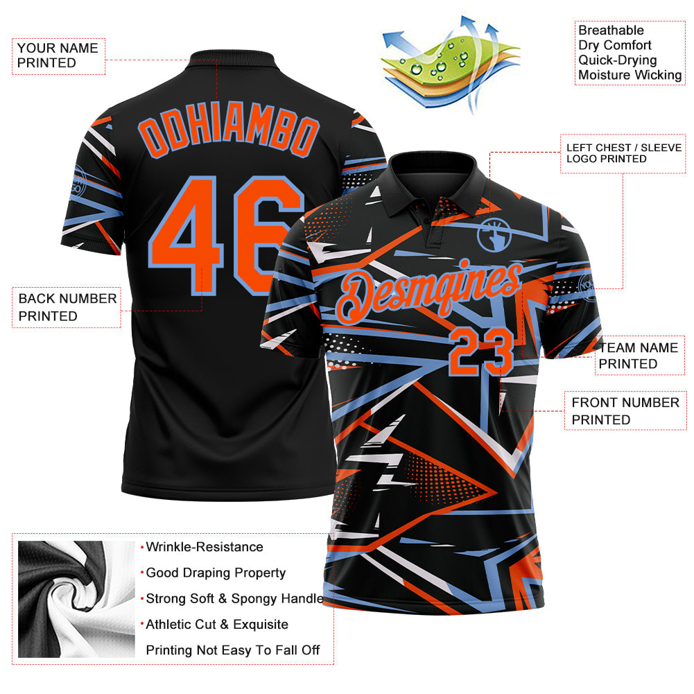 Custom Black Orange-Powder Blue Dynamic Geometric Shard Performance Polo Shirt